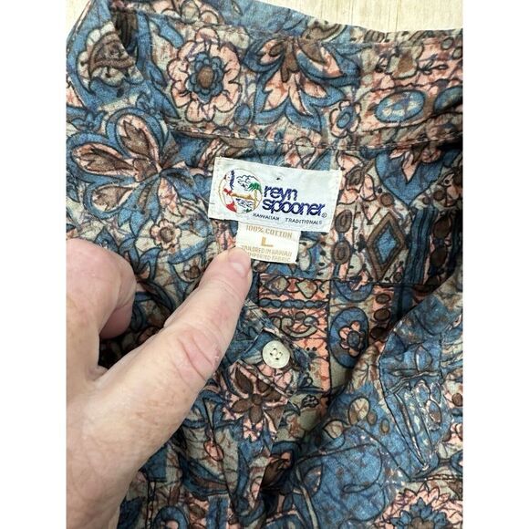 Vtg REYN SPOONER Men's Hawaiian Shirt Ethnic Brown Geometric USA L Cotton - Picture 2 of 5
